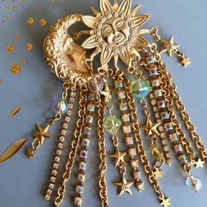 Vintage Kirk's Folly Multi Strand AB Crystal Glass Beads Gold tone Brooch Signed